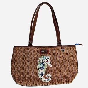 Sakroots Seahorse Jute Woven Shoulder Bag Faux Leather Trim Zip Closure 13" x 8"